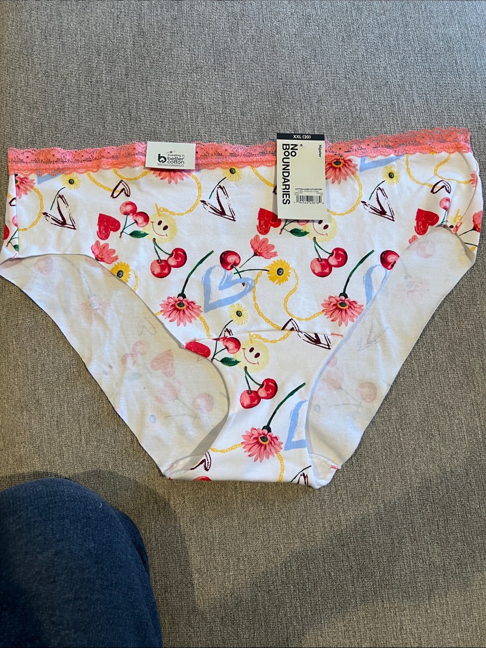 No Boundaries White Floral & Cherry Print Briefs with Pink Lace Trim